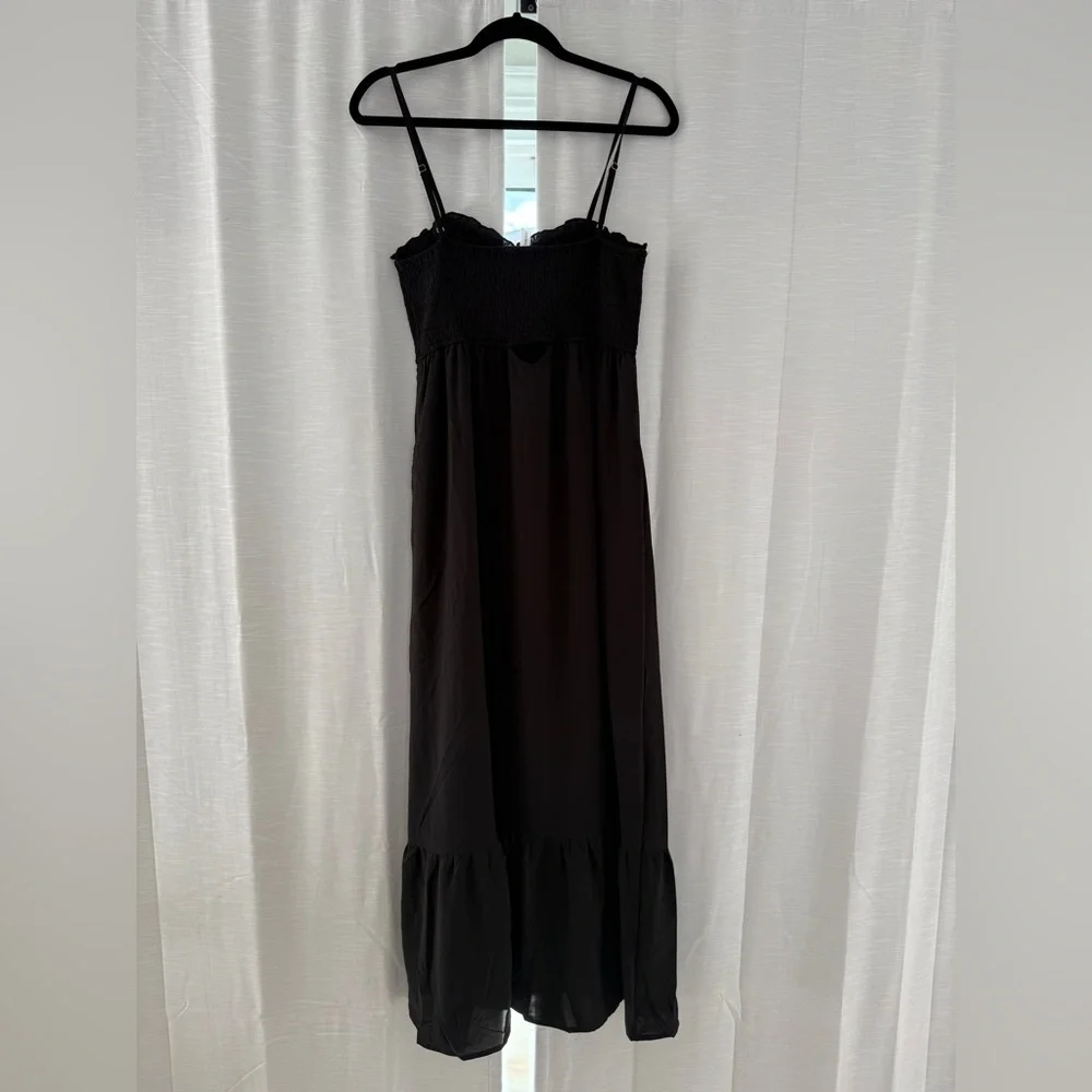 Black Smocked Maxi Dress | Button Front Sundress with Pockets Size M - Picture 8 of 11